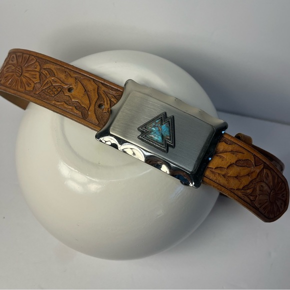 Vtg Southwestern Turquoise Arrowhead Belt Buckle & Hand Tooled Leather Belt 33” - Picture 2 of 6